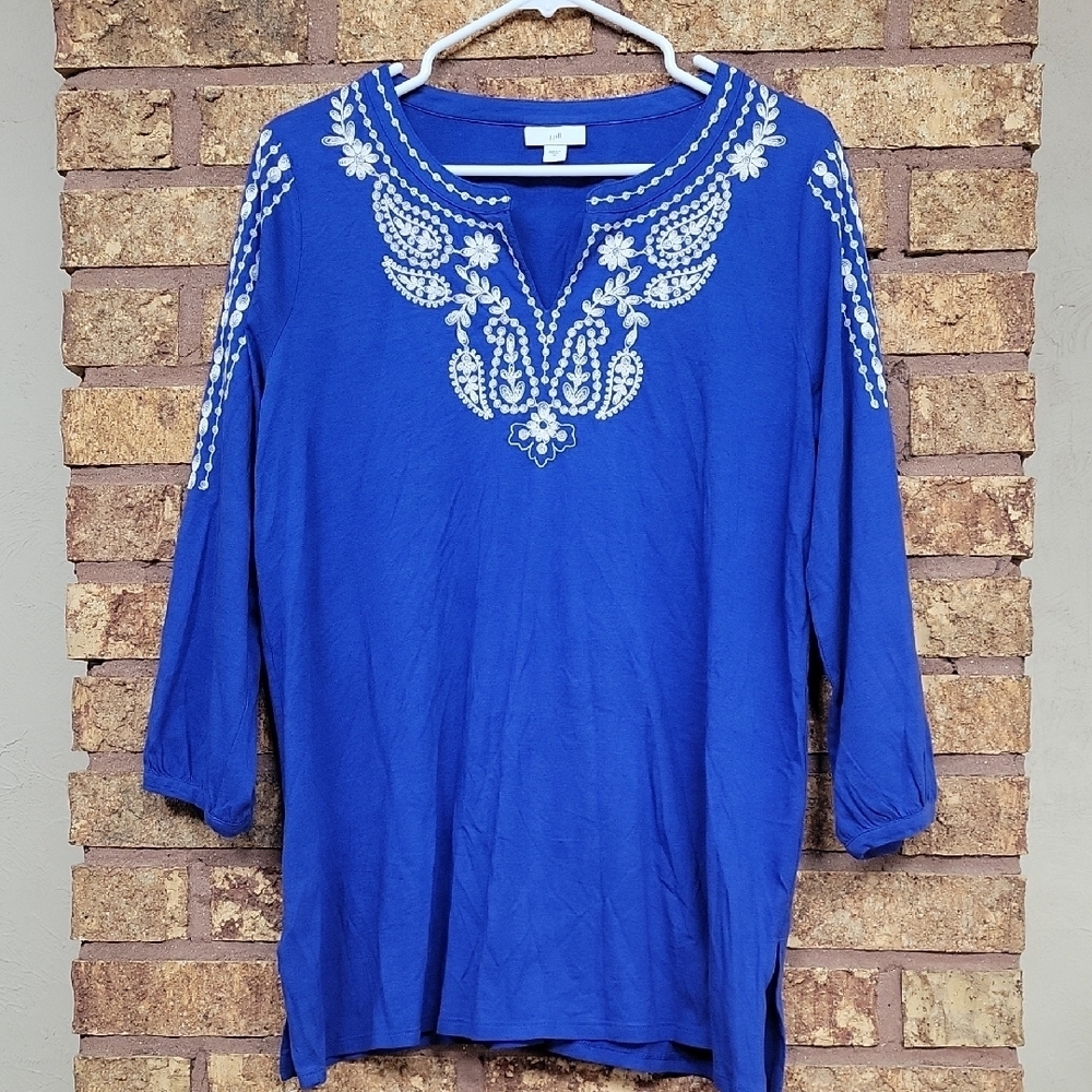 J. Jill Embroidered Blouse Cotton Tencel Blend Size Medium Blue Casual